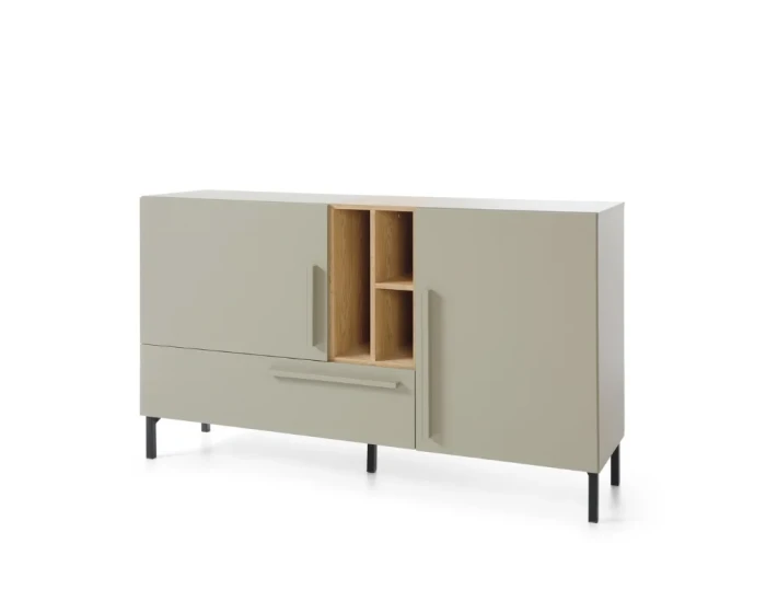 Salbeigrünes Sideboard mit integriertem Eichenholz-Regal und modernem, minimalistischem Design.