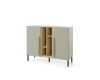 Modernes Sideboard in Hellgrün mit offenem Holzregal und schwarzen Metallfüßen.