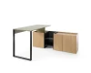 Eckschreibtisch mit olivgrüner Arbeitsplatte und schwarzem Regal in Eiche-Nachbildung.