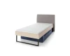 Sorento Funktionsbett in Beige mit grauem Kopfteil und blauen Bettschubladen auf weißem Hintergrund.