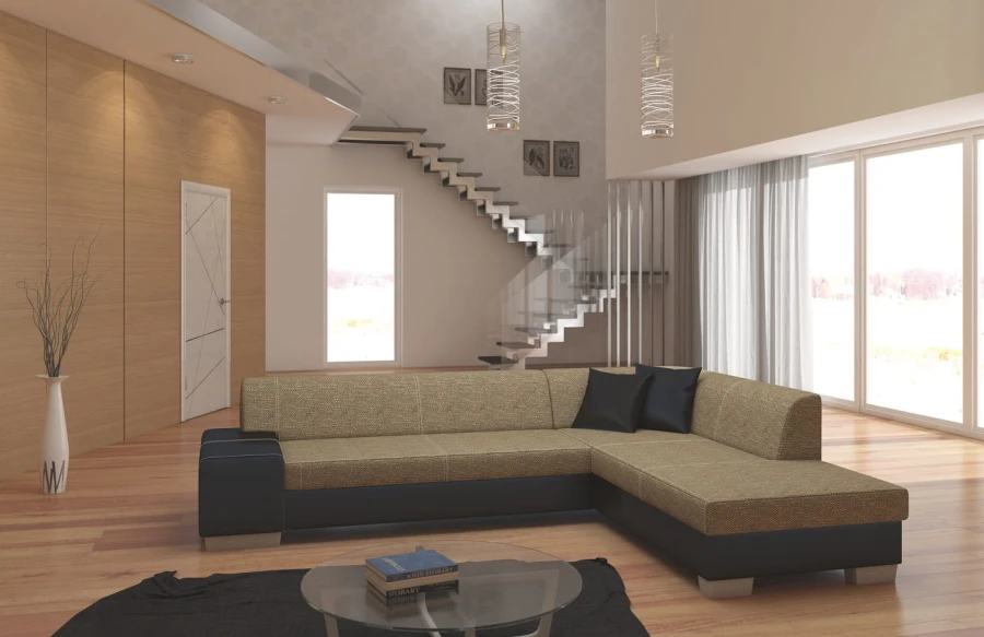 Zweifarbiges Ecksofa in Beige und Schwarz in stilvollem Wohnzimmer