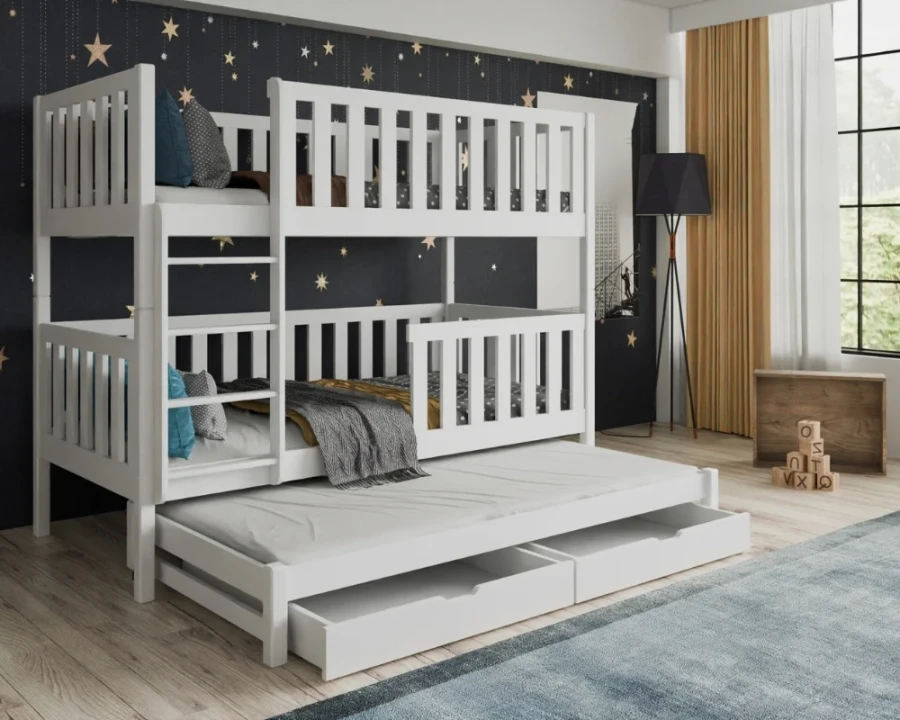Weißes Etagenbett aus Massivholz mit drittem Ausziehbett und praktischen Schubladen im Kinderzimmer.