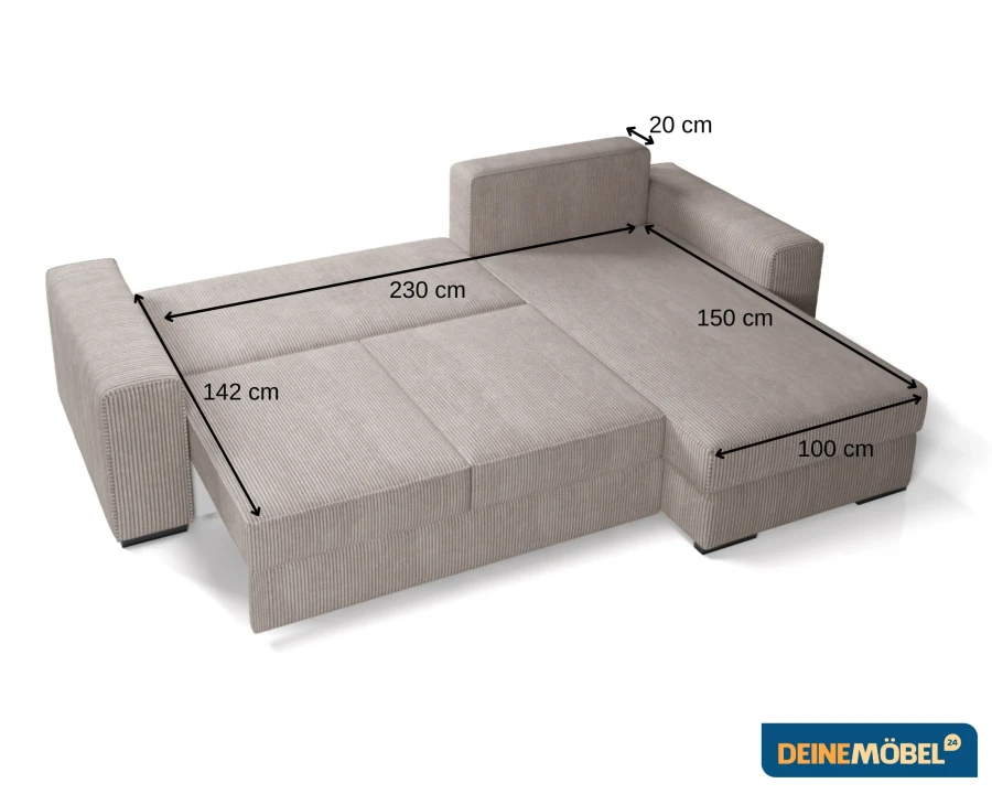 Abmessungen der Liegefläche eines beigen L-Sofas mit Cord-Bezug für das Wohnzimmer.