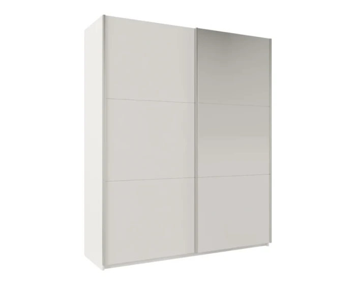 Minimalistischer weißer Schwebetürenschrank mit zwei großen Schiebetüren auf weißem Hintergrund.