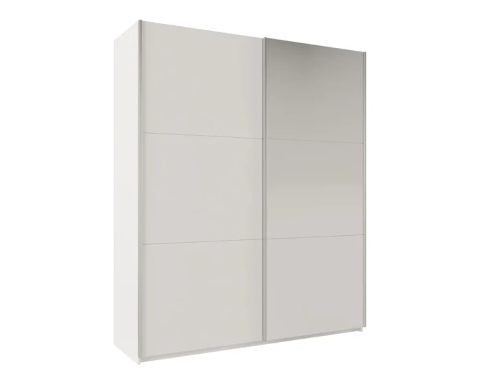 Modern white sliding door wardrobe with subtle light grey front panels.