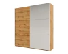 Schwebetürenschrank in Eiche-Nachbildung kombiniert mit grauen Paneelen.
