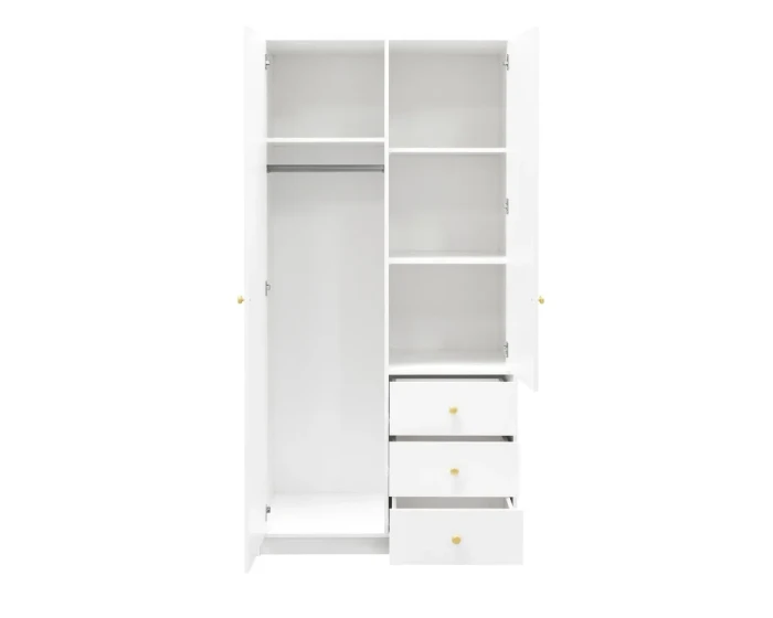 Open white wardrobe with practical internal layout, clothes rail and drawers.
