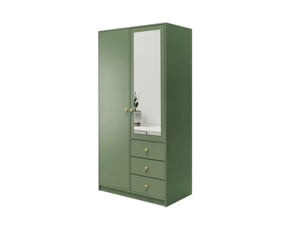 Salbeigrüner Kleiderschrank mit Spiegel und 3 Schubladen, stilvolle Aufbewahrung.