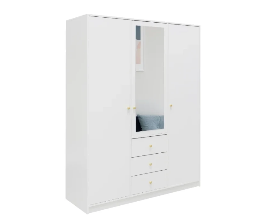 Weißer 3-türiger Kleiderschrank mit Spiegel und Schubladen für das Schlafzimmer.