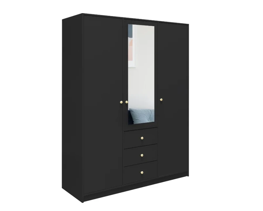 Schwarzer 3-türiger Kleiderschrank mit Spiegel und 3 Schubladen, goldene Knöpfe