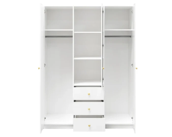 White wardrobe 3-door open with a view of the interior and drawers