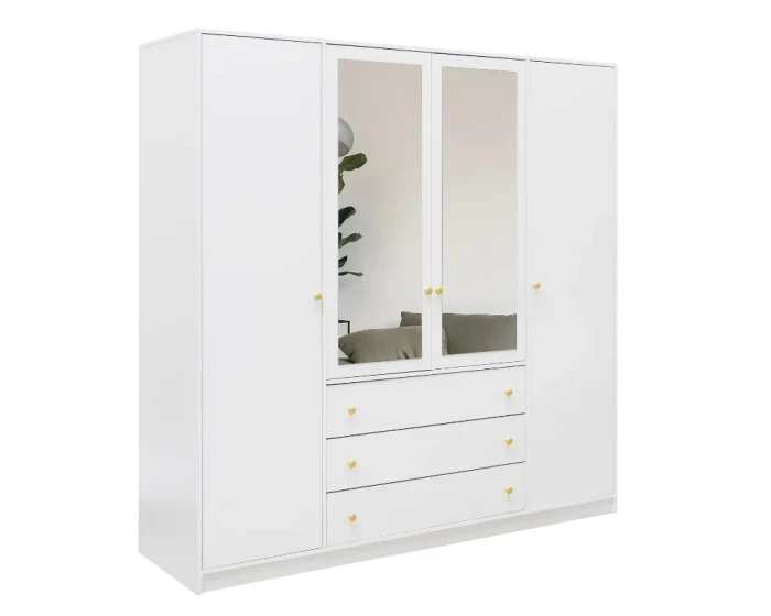 White wardrobe with 4 doors, 2 mirrors and 3 drawers with golden knob handles.