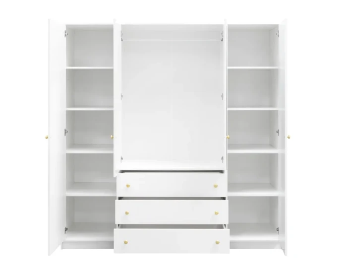 Geöffneter weißer Kleiderschrank zeigt Fächeraufteilung, Kleiderstange und Schubladen.