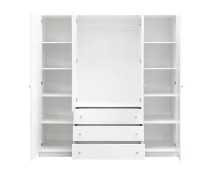 Open white wardrobe with shelves, clothes rail and three extended drawers.