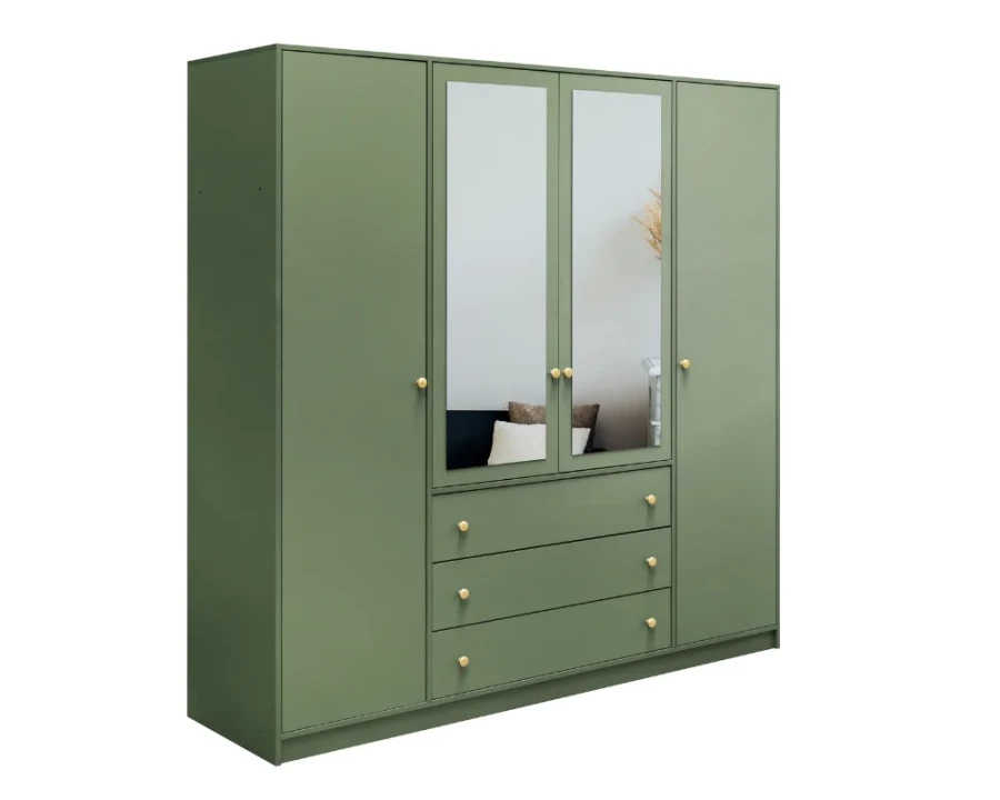 Kleiderschrank in Salbeigrün mit 4 Türen, 2 Spiegeln und 3 Schubladen. Design mit goldenen Knäufen.