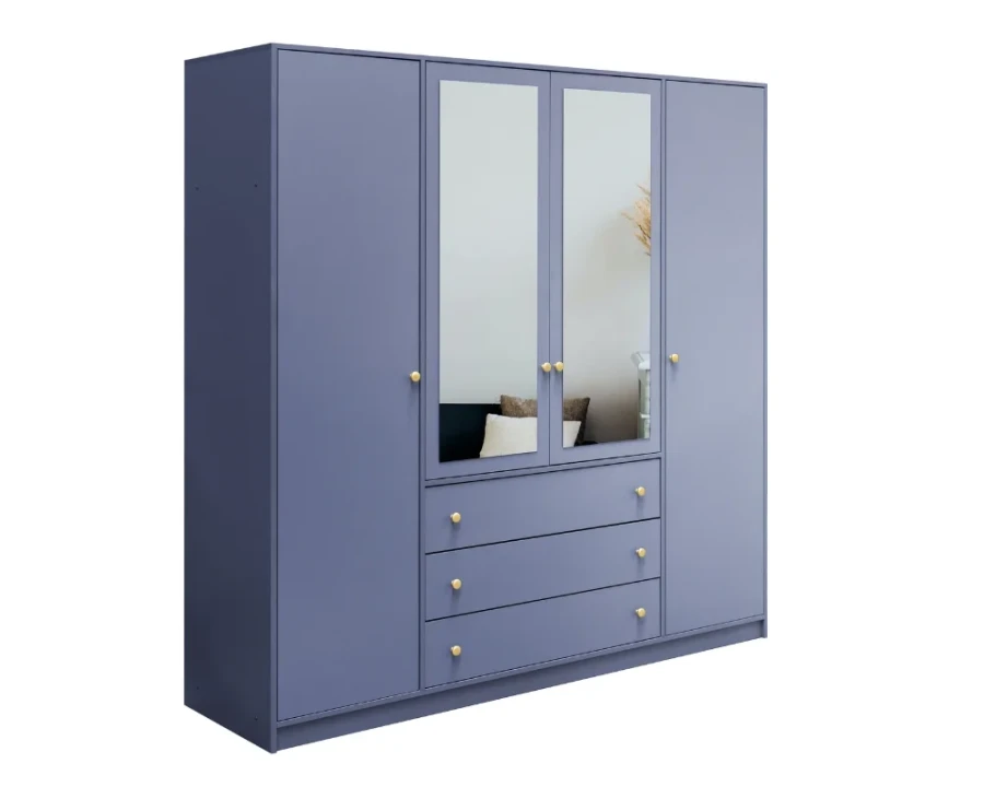 Fliederfarbener 4-türiger Kleiderschrank mit 2 Spiegeltüren, 3 Schubladen und goldenen Akzenten.