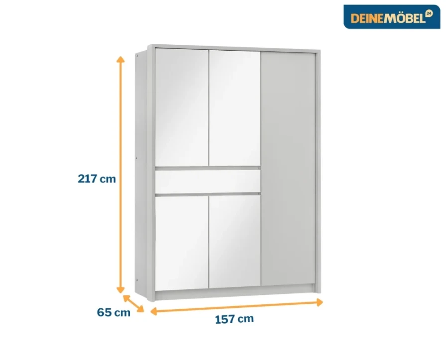 Maße für Kleiderschrank: 217 cm Höhe, 157 cm Breite, 65 cm Tiefe.