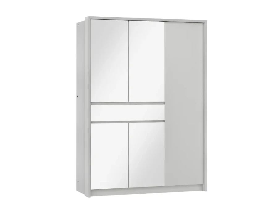 Lichtgrauer Kleiderschrank mit Spiegeltüren für das Schlafzimmer.