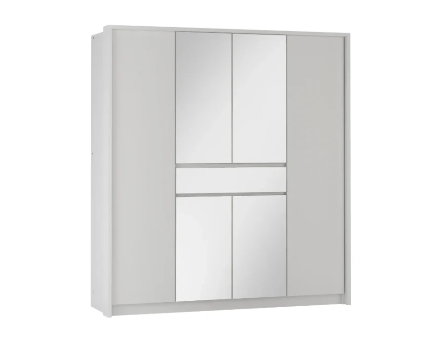 Weißer 4-türiger Kleiderschrank mit Spiegelfront in zeitlosem Design.