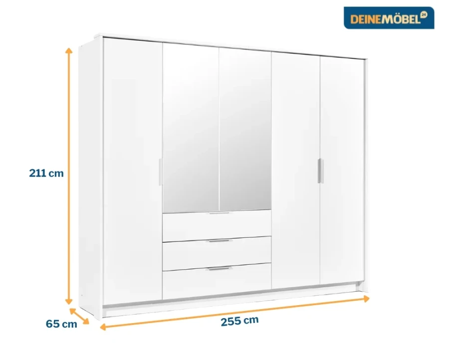 Maßangaben für den Schrank: 211 cm Höhe, 255 cm Breite und 65 cm Tiefe.