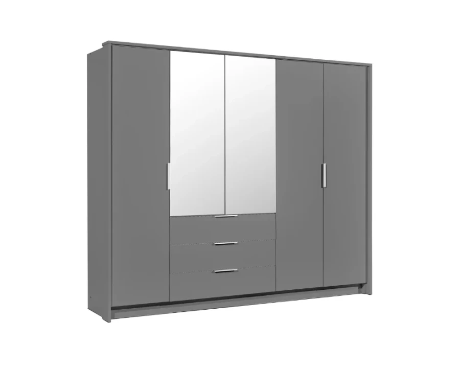 Moderner anthrazitfarbener Kleiderschrank mit zwei großen Spiegeltüren und drei Schubladen.