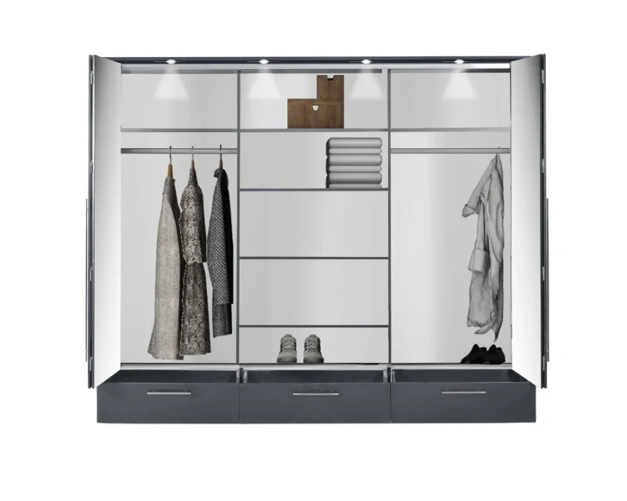 Innenansicht Kleiderschrank mit Kleiderstangen und vielen Fächern