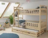 Etagenbett aus Kiefer Natur für Kinder mit ausziehbarem Gästebett und Schubladen im hellen Zimmer.