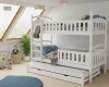 Weißes Etagenbett für drei Personen mit integriertem Ausziehbett und Rausfallschutz aus Massivholz.
