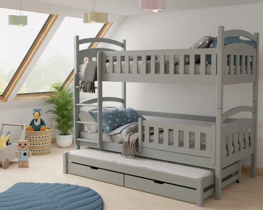 Graues Etagenbett mit ausziehbarem Gästebett und Schubfächern.