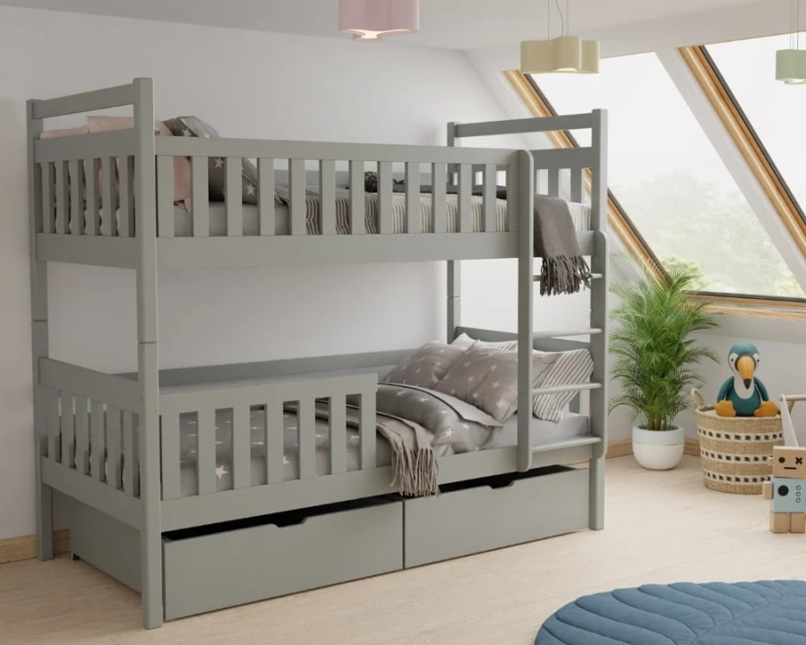 Graues Funktionsbett für Kinder mit zwei praktischen Schubfächern.