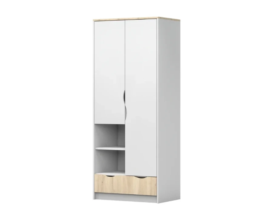 Zweitüriger Kleiderschrank in Weiß und Eiche mit offenen Regalfächern und Schublade.