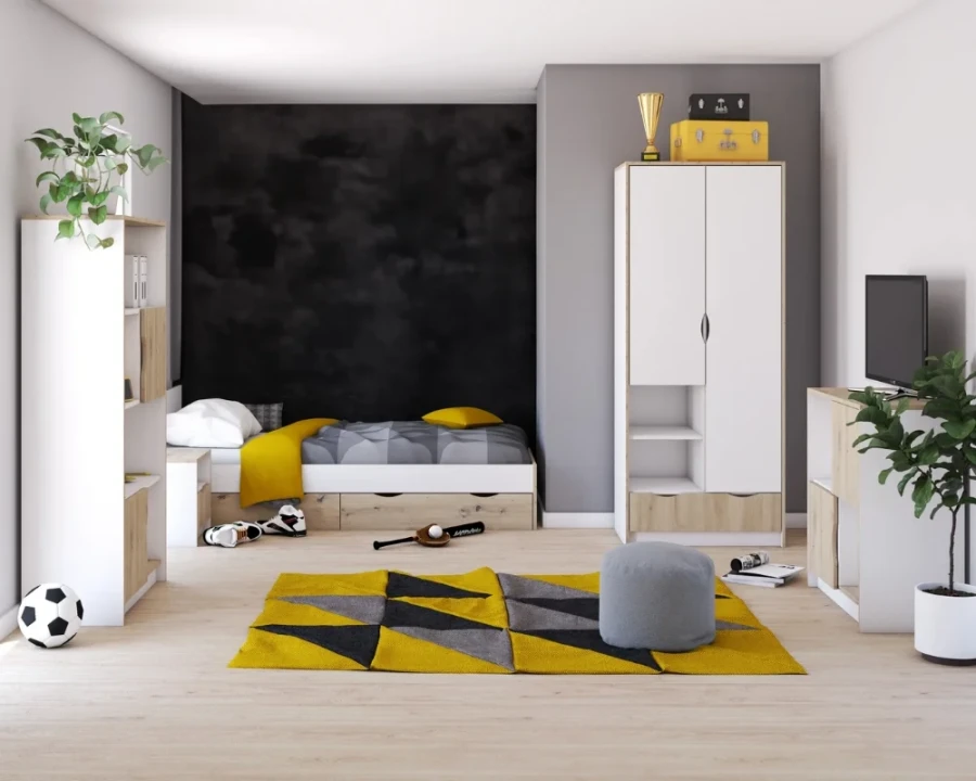 Modernes Jugendzimmer-Set JUMI mit Kleiderschrank, Bett und Regal in Weiß-Eiche-Optik.