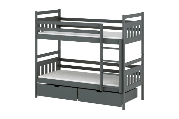 Dark grey bunk bed made of solid wood with two drawers on a white background.