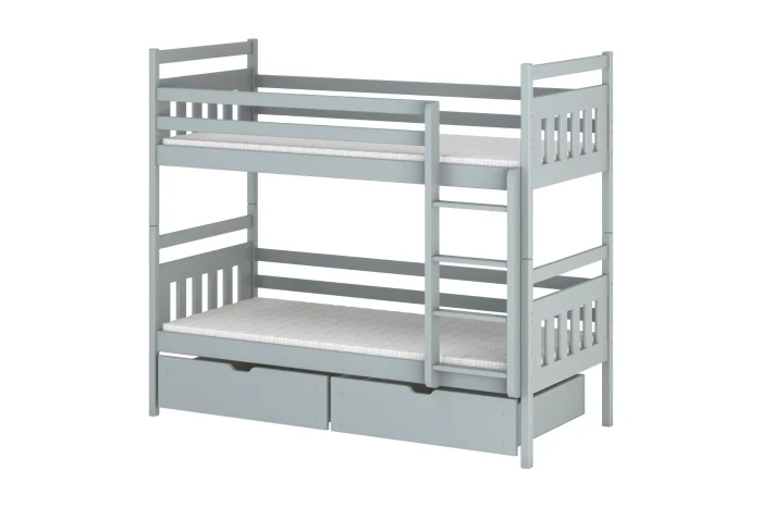 Grey bunk bed made of solid wood with bed base and ladder for two children.