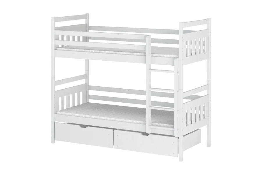 White wooden bunk bed for children with two practical drawers and a ladder.