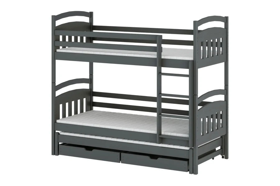 Donkergrijs stapelbed met drie ligoppervlakken, ladder en praktische laden voor kinderen.