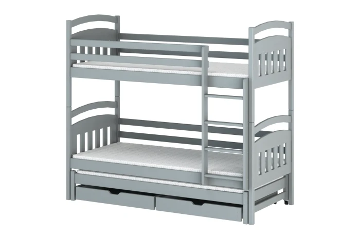 Modern bunk bed in grey made of wood with additional pull-out bed and two drawers.
