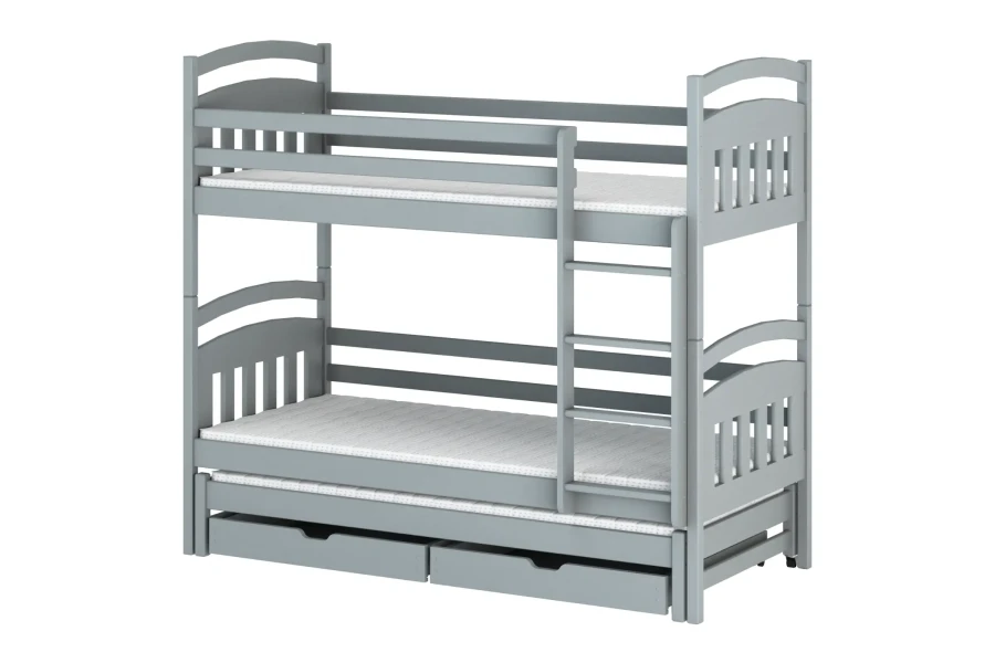 Modern houten stapelbed in grijs met extra uitschuifbed en twee laden.
