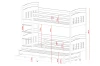 Technical sketch with dimensions for a bunk bed with three sleeping surfaces and storage space.