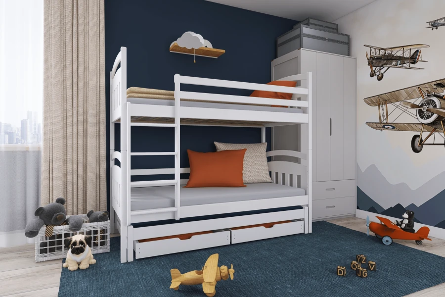 Stevig kinder-stapelbed in wit voor een blauwe muur met vliegtuigdecoratie.