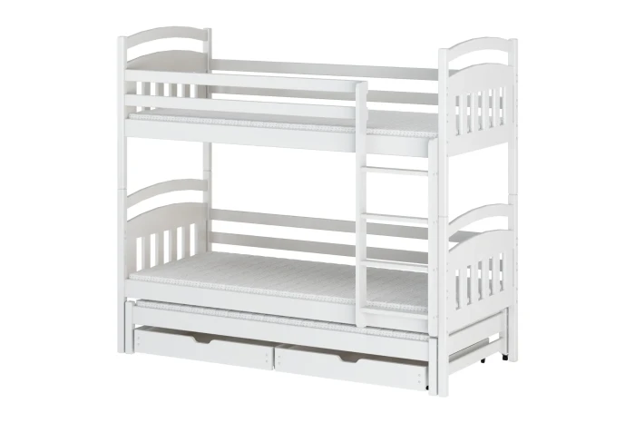 Wit stapelbed met uitschuifbed en twee laden op een witte achtergrond.