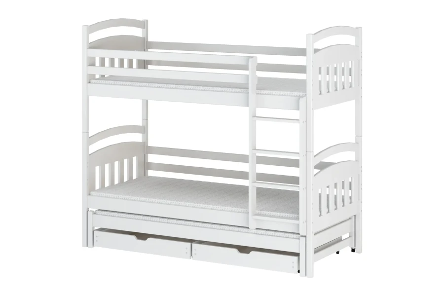 White bunk bed with pull-out bed and two drawers on a white background.