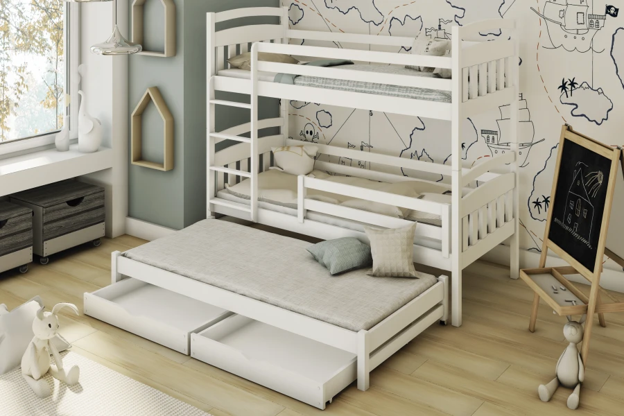 White bunk bed with extended guest bed in a child's room with pirate decor.
