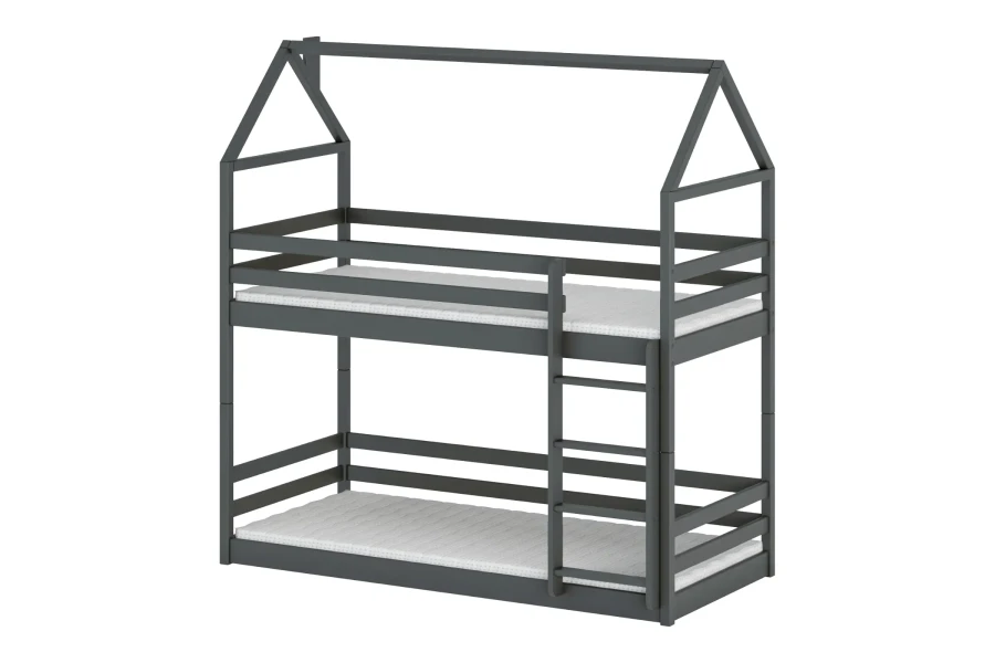 Graphite grey bunk bed in house shape with ladder and fall protection for children.