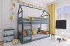 Ingerichte kinderkamer met modern huisbed stapelbed in blauwgrijs en decoratie.
