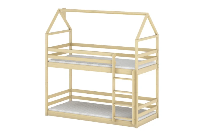House bunk bed made of solid pine wood in a natural look for the children's room.