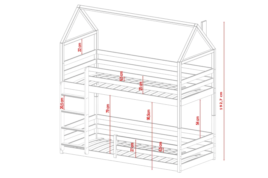 Measurements and dimensions for the house bed bunk bed for children's rooms.