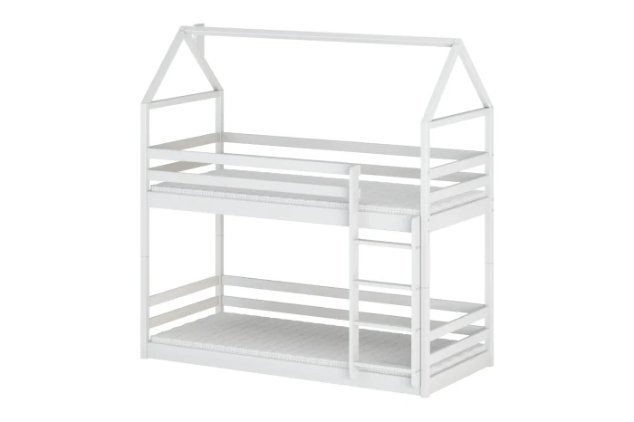 White children's bunk bed in house look with ladder and fall protection.