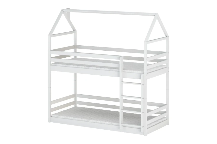 Wit kinder-stapelbed in huisoptiek met ladder en uitvalbeveiliging.