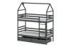 House-shaped bunk bed in graphite grey with two drawers and mattresses.